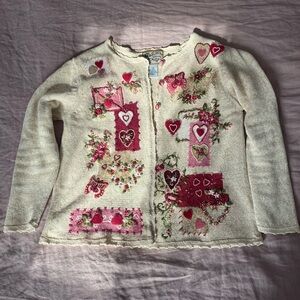 Women's Cream Cardigan with Pink Heart Patterns